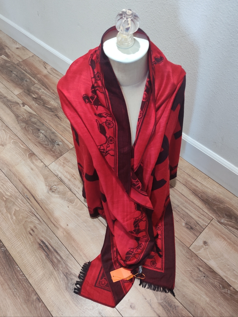 Equestrian Red Cashmere/Silk Wrap/Scarf - Picture 4 of 11